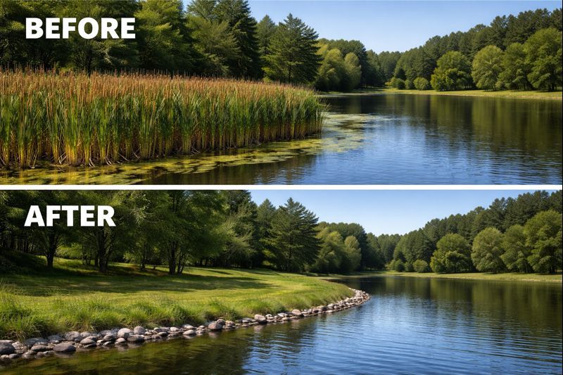 Before and after: overgrown pond restored after professional cattail removal in California